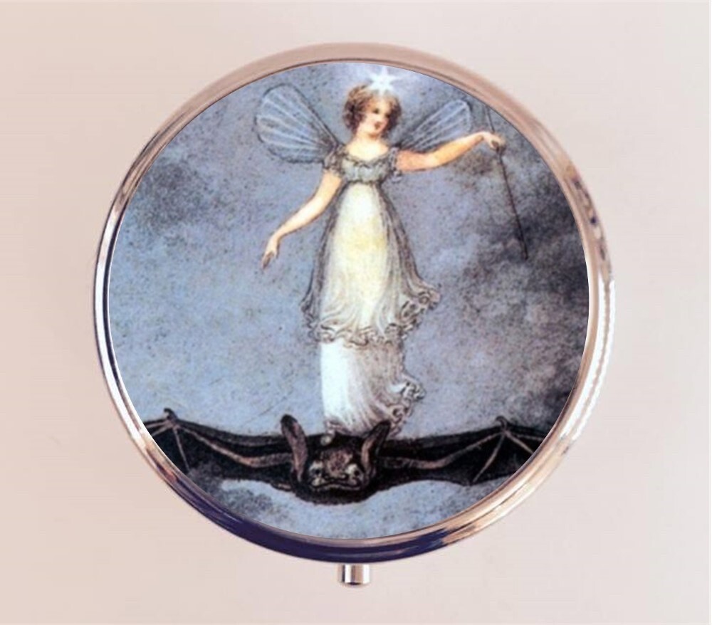 Girl Riding Bat Pill Box Case Pillbox Holder Trinket Fairy Tale Fairytale Blue