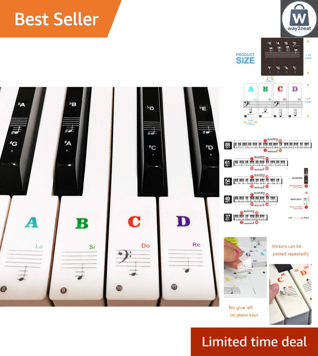 Multicolor Piano Keyboard Stickers for 88/61/54/49/37 Keys - Easy Learning