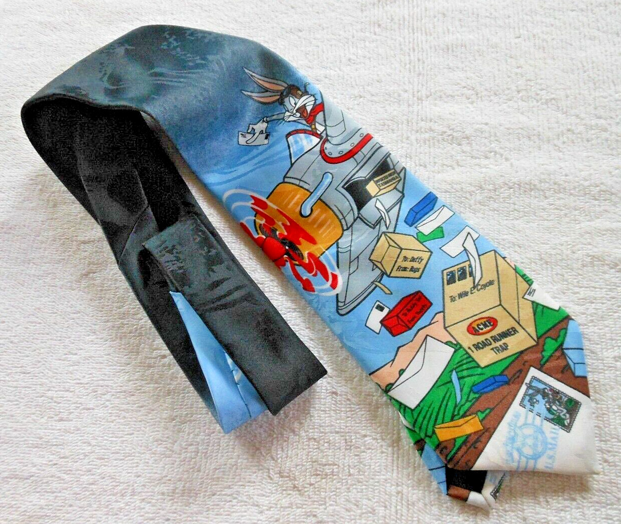 Looney Tunes Flying Bugs Bunny Cartoon Pilot Neck Tie US Mail Stamp Collection