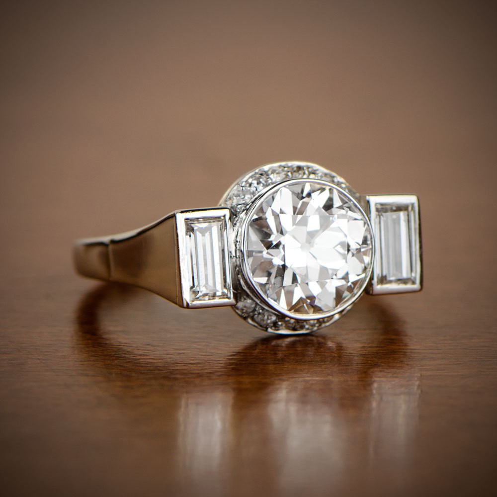 14K Gold Over 2.2CT Lab Created Diamond Round Cut Ring Vintage Art Deco Baguette