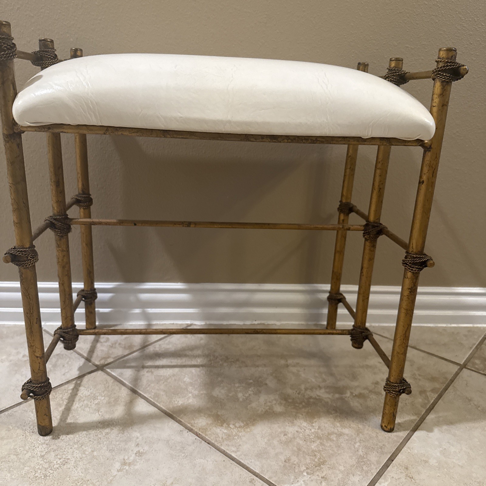 Hollywood   Gilt Metal Faux Bamboo Stool w/ rectangle Cream Leather seat Bench