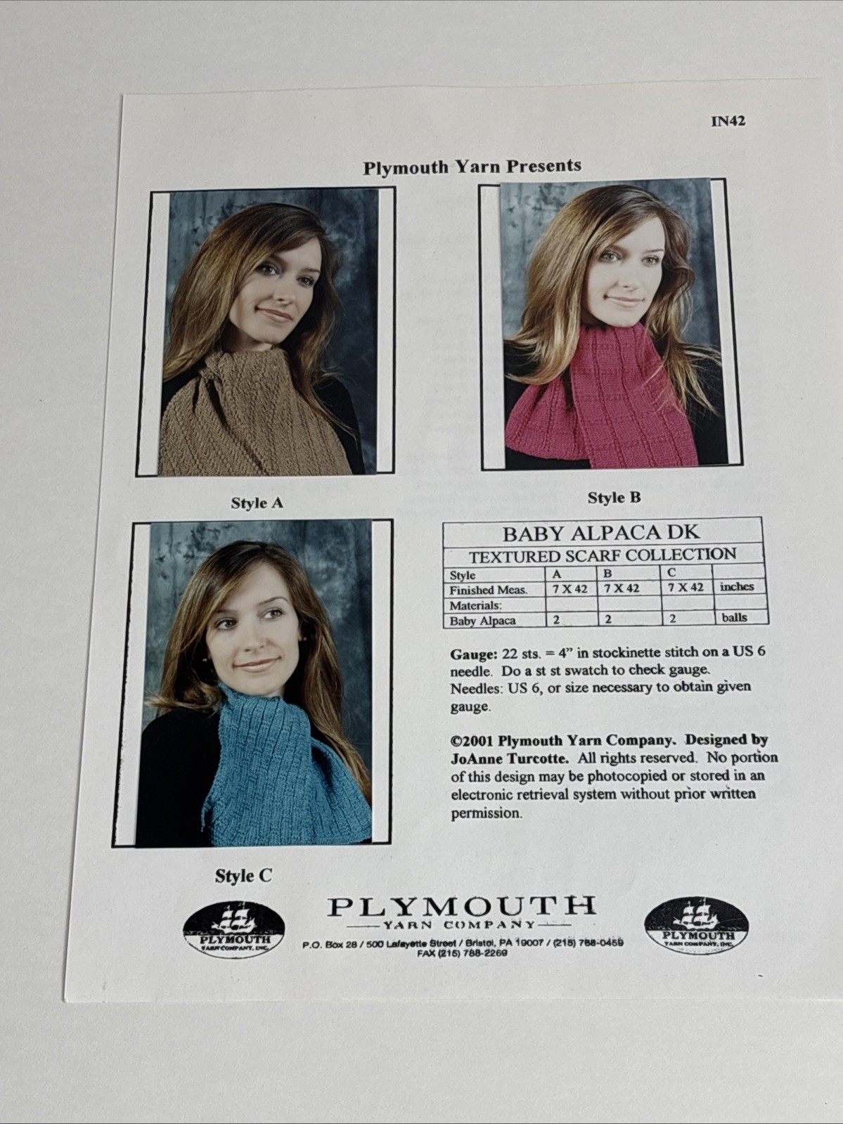 Plymouth Yarn Baby Alpaca Textured Scarf Collection 3 Designs Knitting Pattern