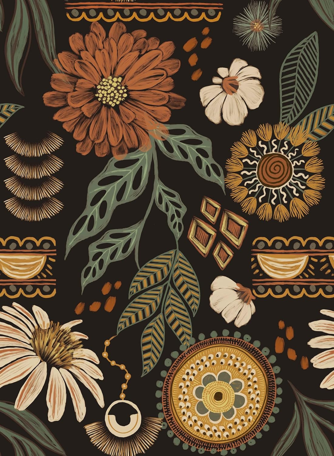 Simon&Siff Boho Wallpaper Peel and Stick, 17.3'' x 80" Sun Floral Retro Removabl