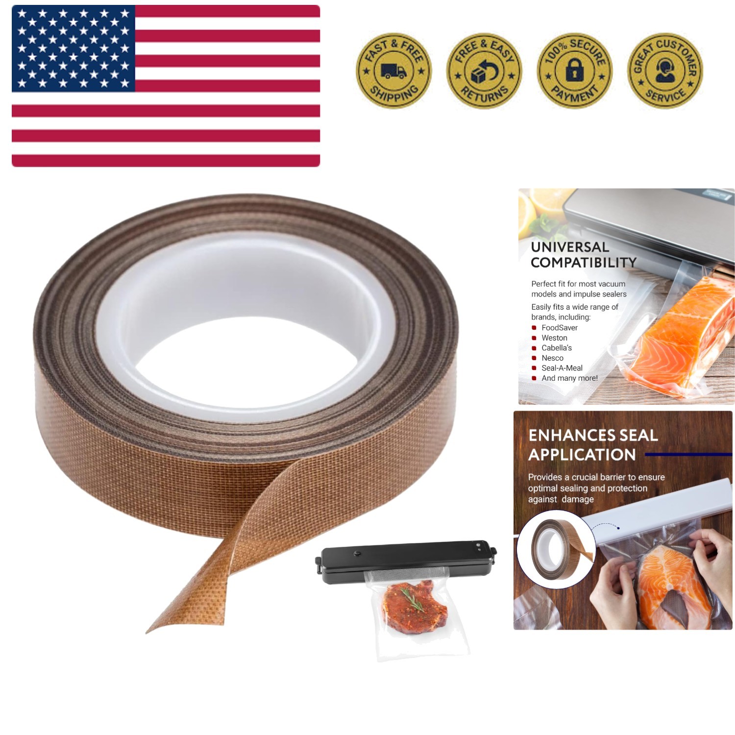 PTFE Teflon Heat Seal Tape - Replaces Strips & Vacuum Seal Tape - Barrier & V...