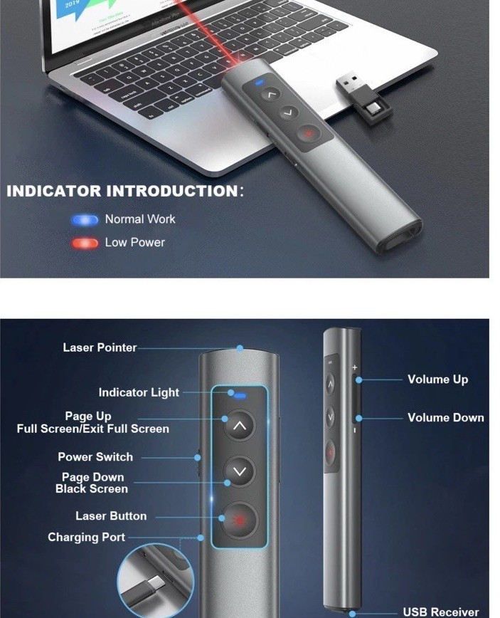 Wireless Presenter Remote Clicker for PowerPoint Keynote Mac PC Laptop USB-C Red