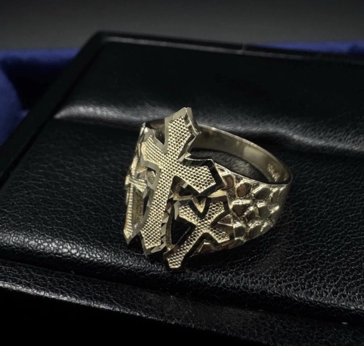 Real 10K  Solid Triple Cross Nugget Ring Yellow Gold Size 8.5-10 Authentic