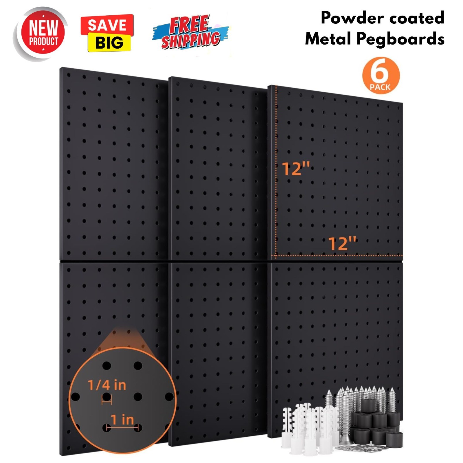 6 Pack 12"x12" Black Metal Pegboard Panels for Wall, Garage, Workbench Organizer