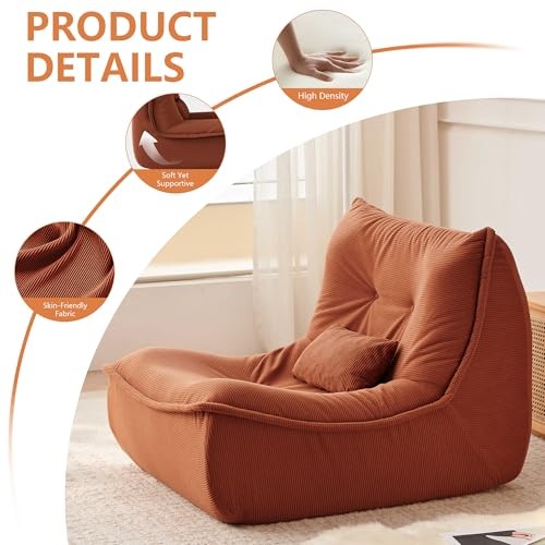 Bean Bag Chair for Adults, Single Lounge Chair with Lumbar Pillow, Comfy Orange