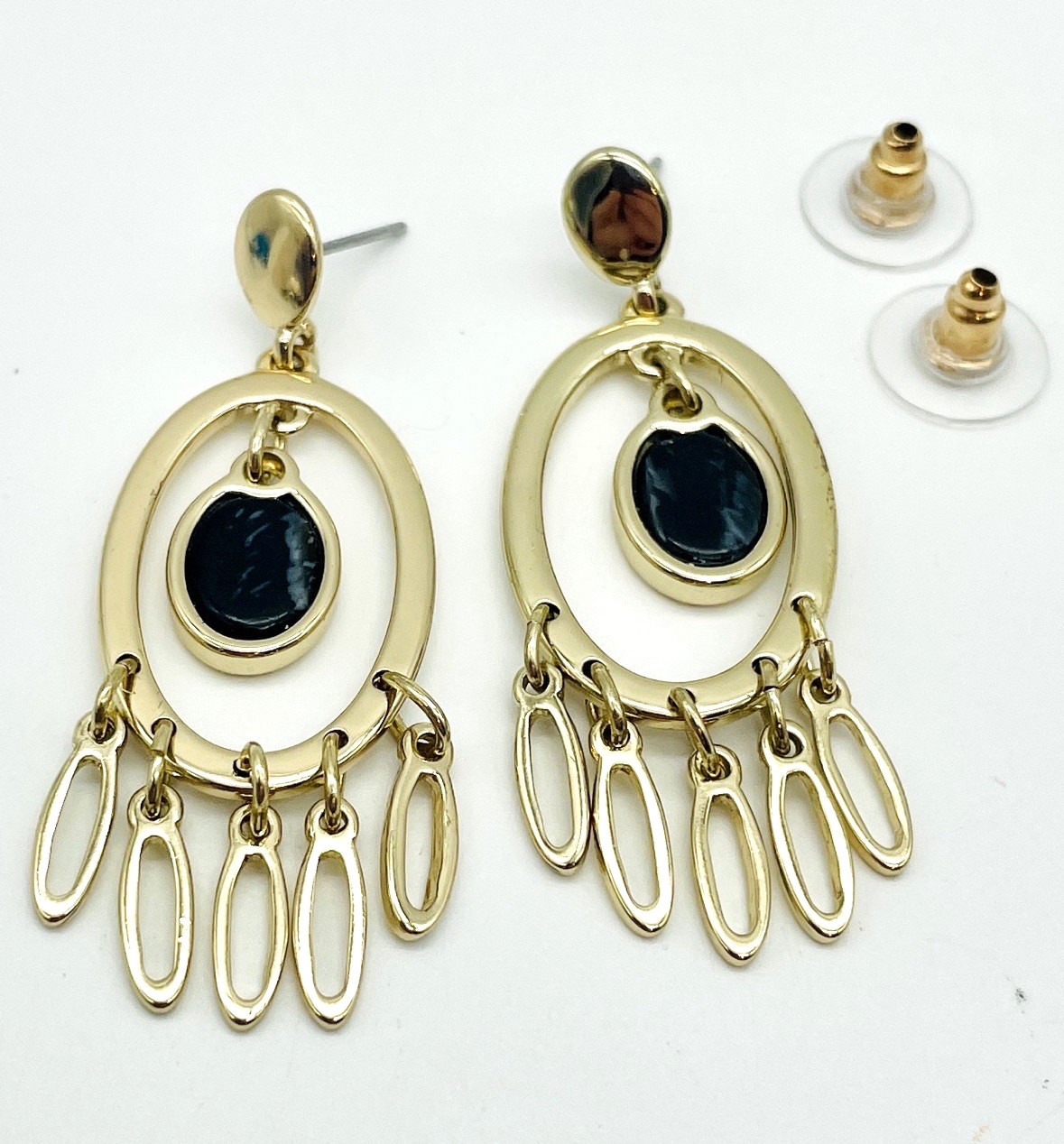 Dangle Earrings Pierced Oval W/Black Onyx & Dangle Hoops