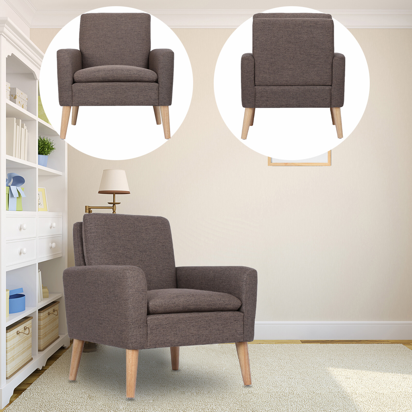 Arm Chair Accent Single Sofa Linen Upholstered Wood Leg Living Room Armrest Sofa
