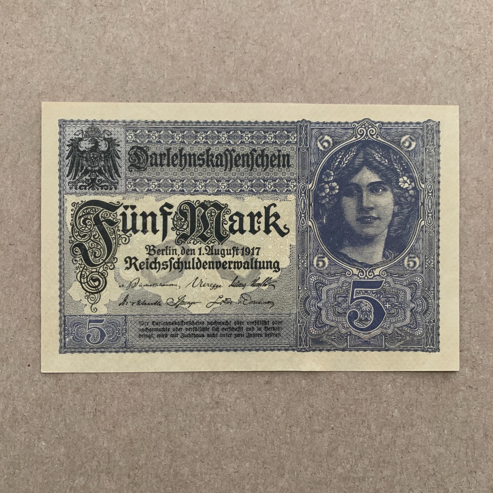WW1 German 5 Mark Banknote Germany 1917 WWI Currency Berlin Paper Money Note WW1