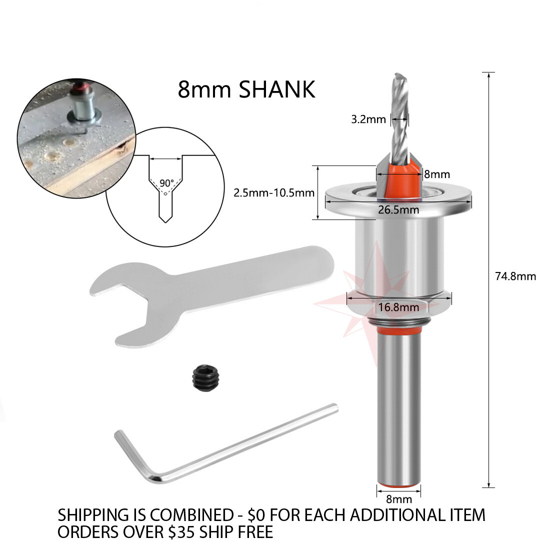 5 PIECE 8mm Adjustable Counterbore Countersink Drills Bits- DEPTH STOP Drill Bit