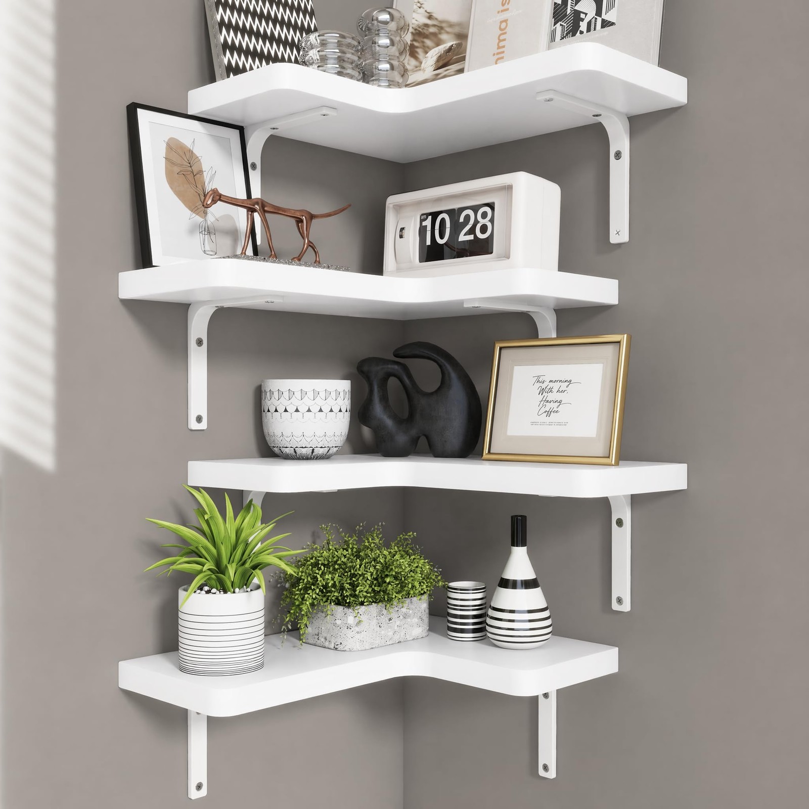 LShaped Corner Floating Wall Mounted Storage Shelf Pearl White Set 4 PCS