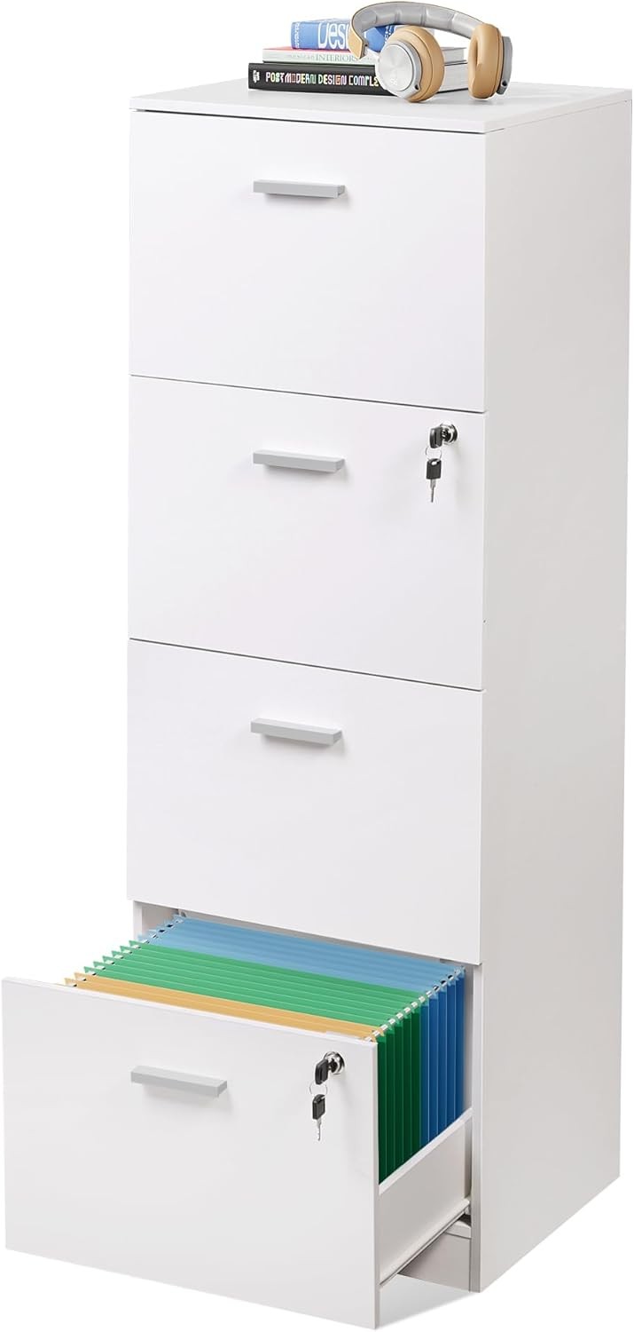 White, Wood Storage Organizer for Home Office, Vertical Filing Cabinet for