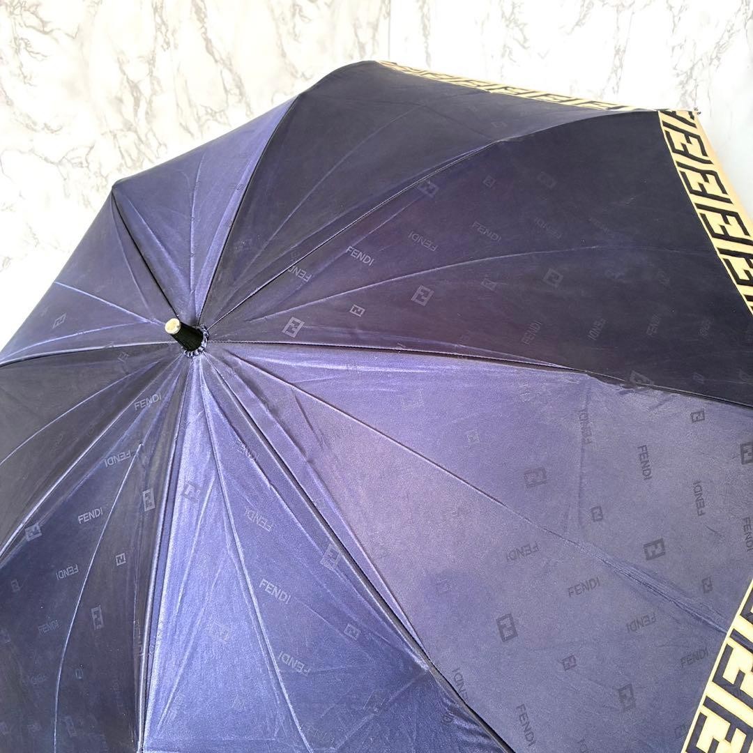 FENDI Zucca Pattern Folding Umbrella Navy Blue Compact Portable Polyester