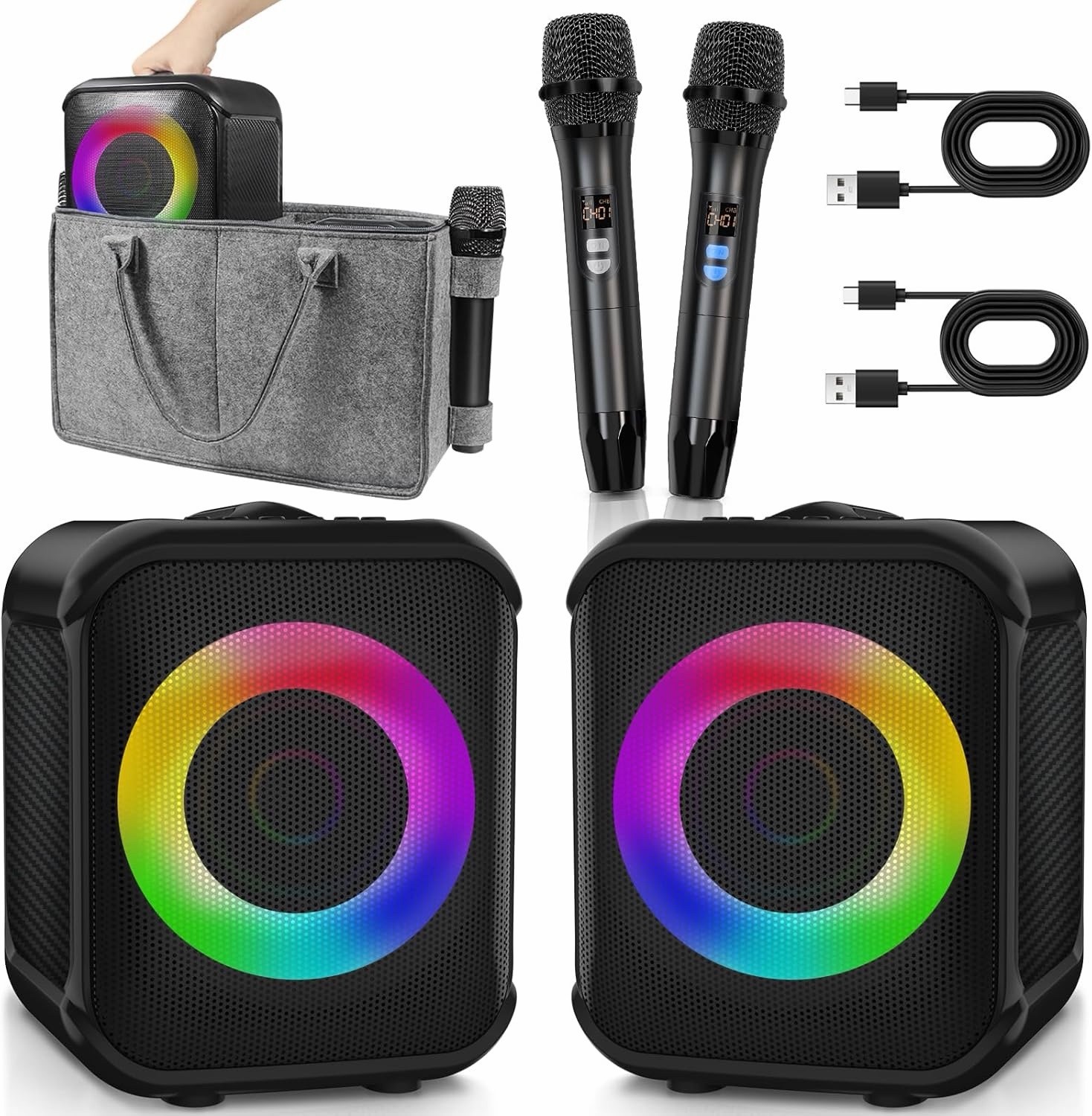 2 Portable Karaoke Speaker Machine with 2 Microphones, Portable With Carry Case