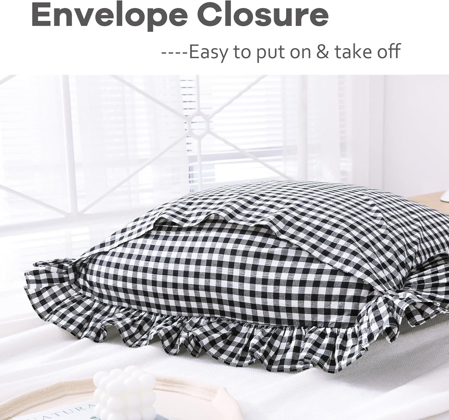 2 Pack Black and White Plaid Ruffle Gingham Standard Pillow Shams, 100% Washed C