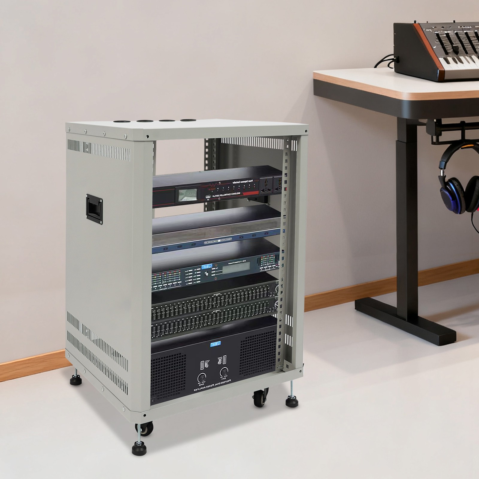 15U Network & Audio Rack With Feet & Wheels, Rolling Studio Rack Case 300lbs