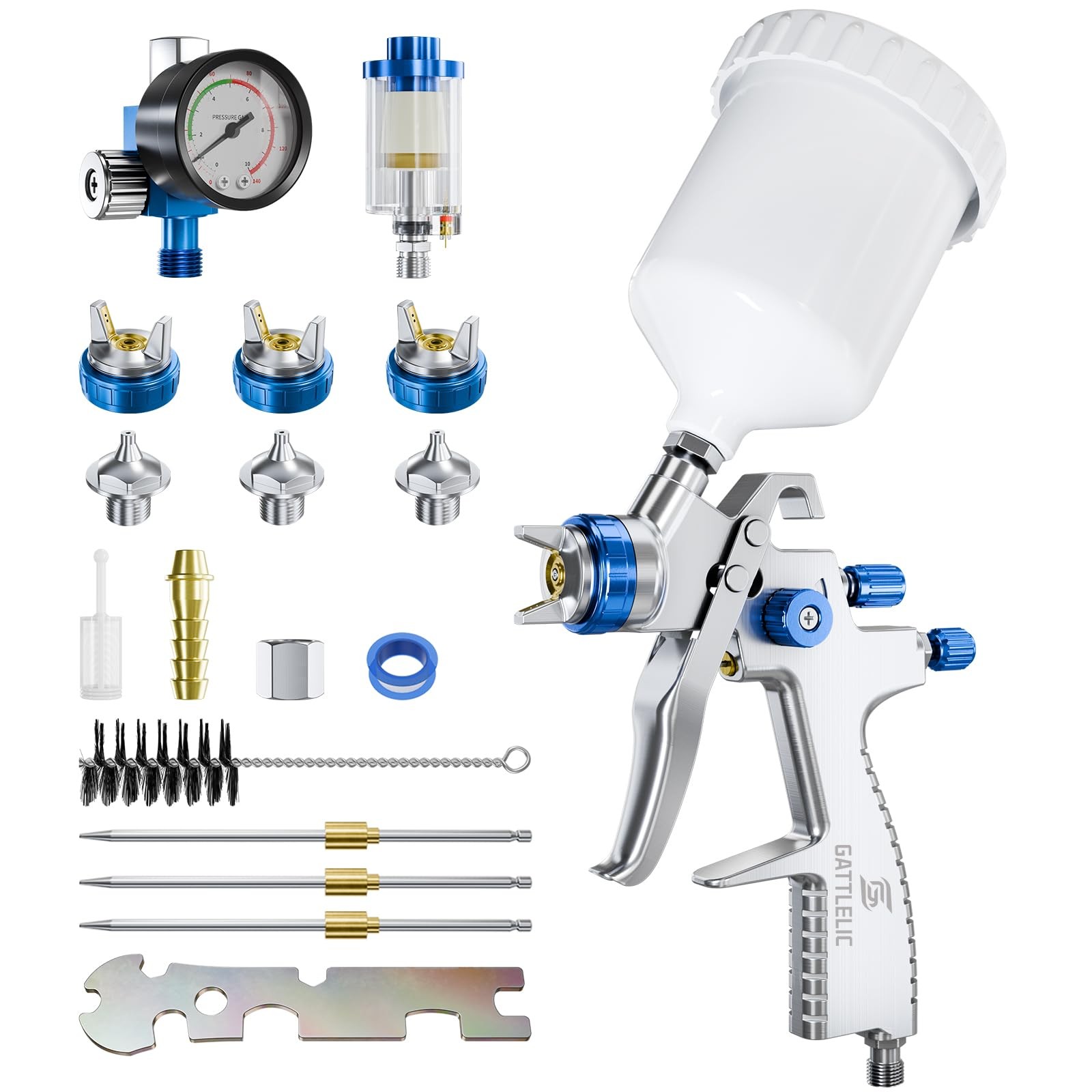 LVLP Air Spray Gun Kit with 1.3/1.5/1.7mm Nozzle & Air Regulator,Automotive Pain