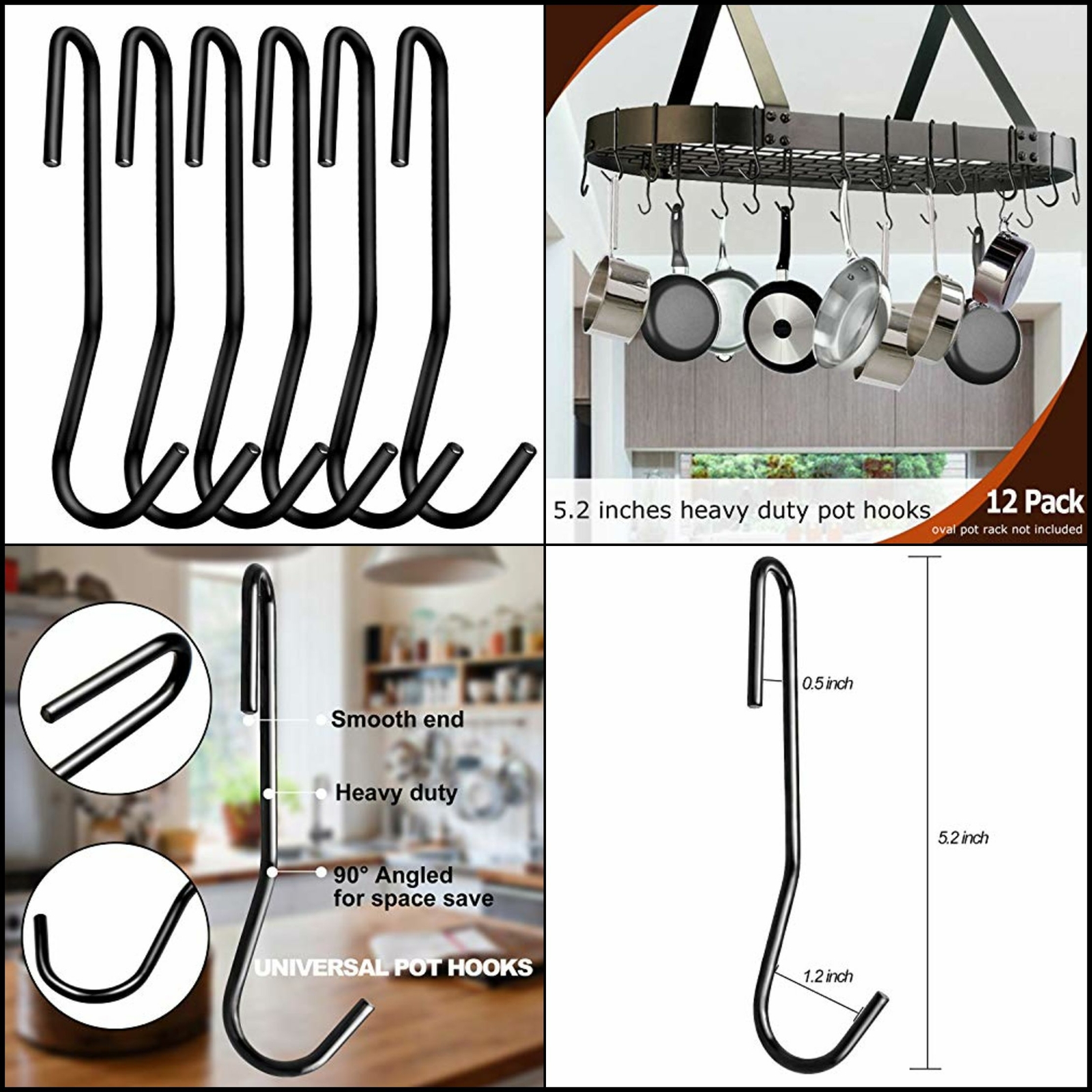 12 Pack 5 inches Heavy Duty S Hooks Black Pot Hooks Pan Rack Holder Hooks Bags