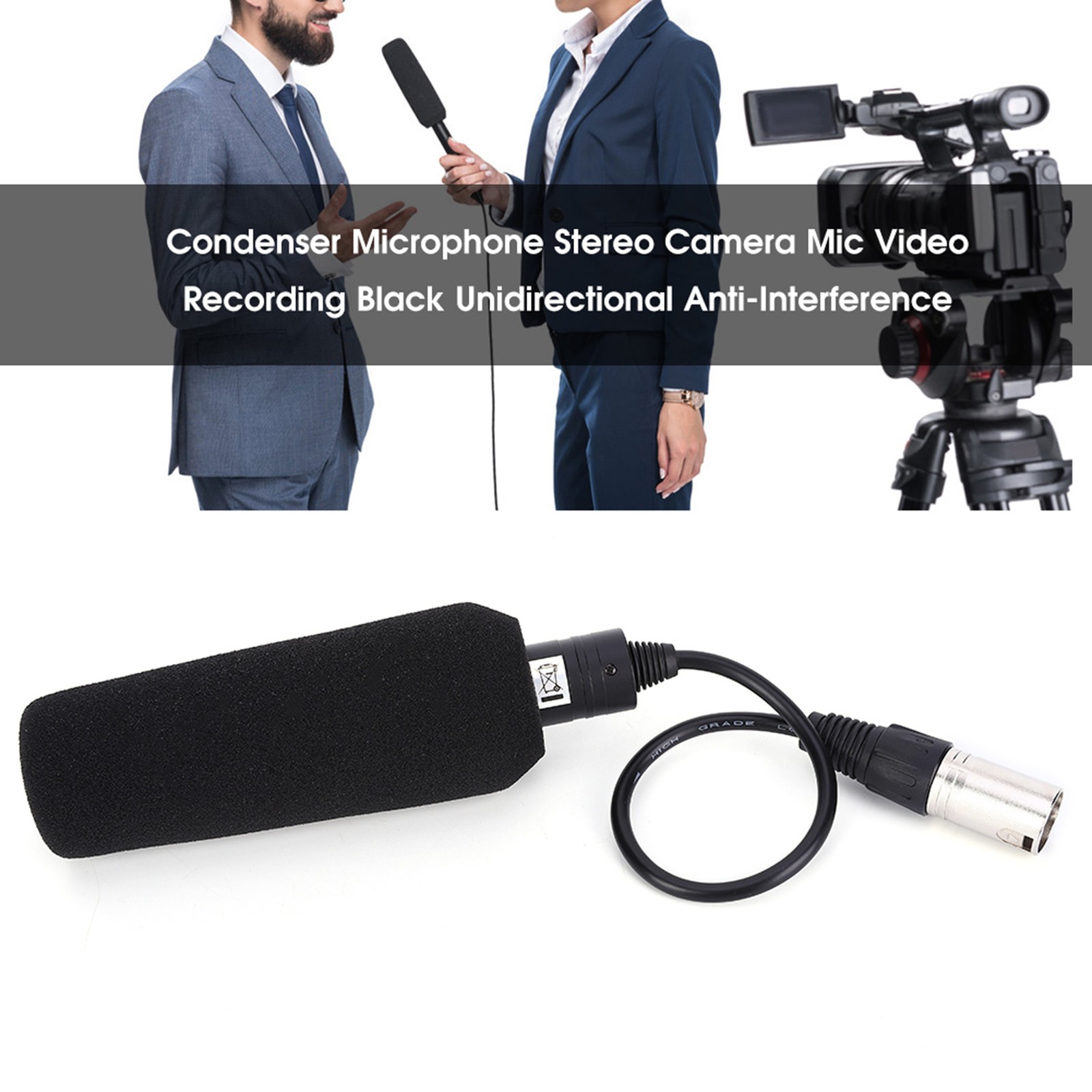 Condenser Microphone Stereo Camera Mic Video Recording Black Unidirectional Anti