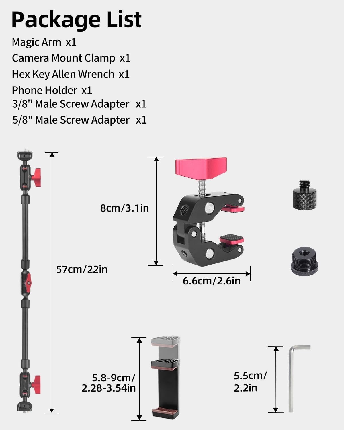 22" Adjustable Magic Arm with Clamp for Smartphone & Action Camera Mounting