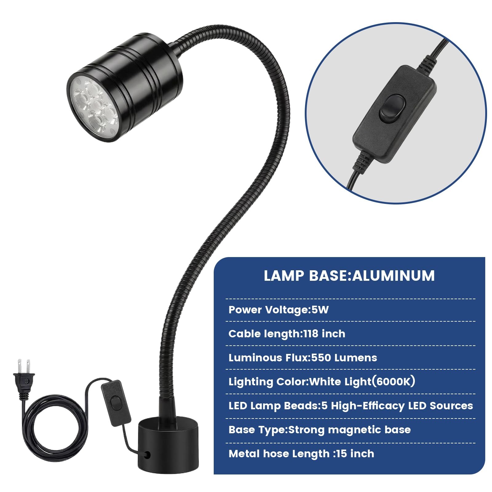 5W Magnetic Work Light,6000k Machine LED Work Light with Flexible Gooseneck a...