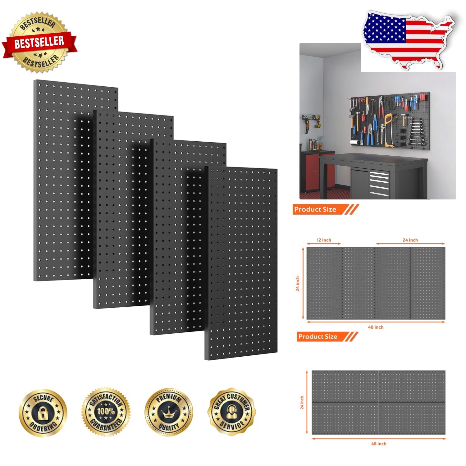 Heavy Duty Metal Pegboard 4pc - Black Steel Garage Tool Organizer, Max 88lb Cap
