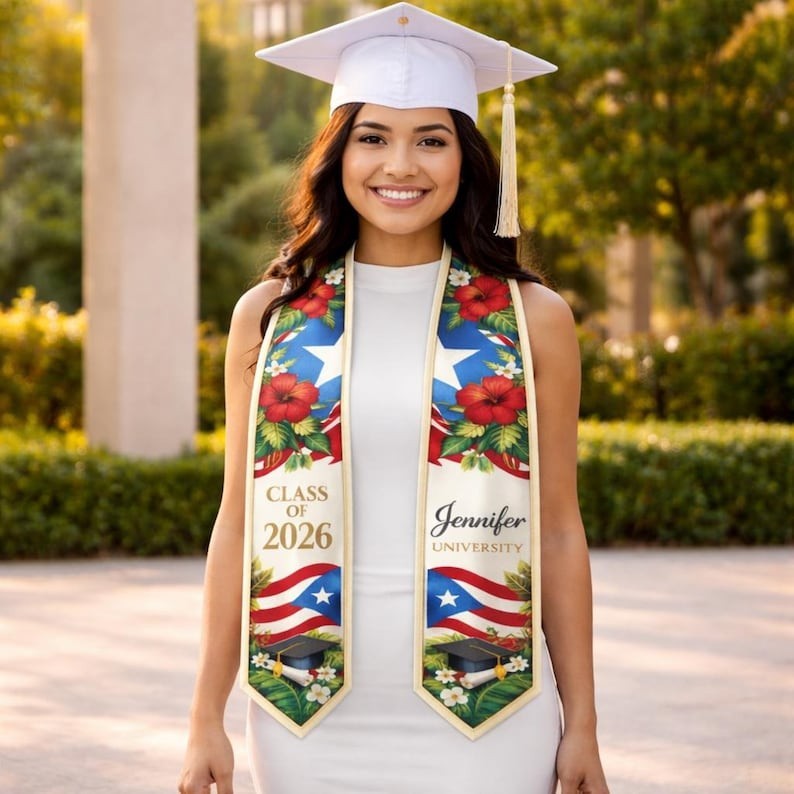 Personalized Puerto Rico Graduation Stole, Custom Puerto Rican Flag Sash, Class
