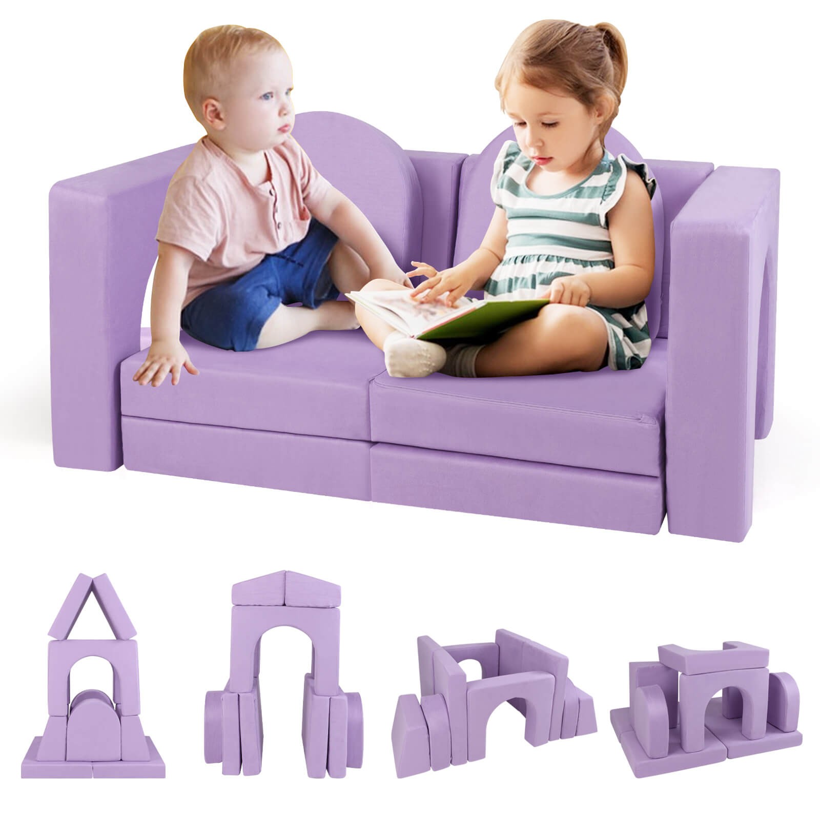8 PCS Modular Kids Play Couch Sofa w/  Suede Fabric Cover High-Density Foam