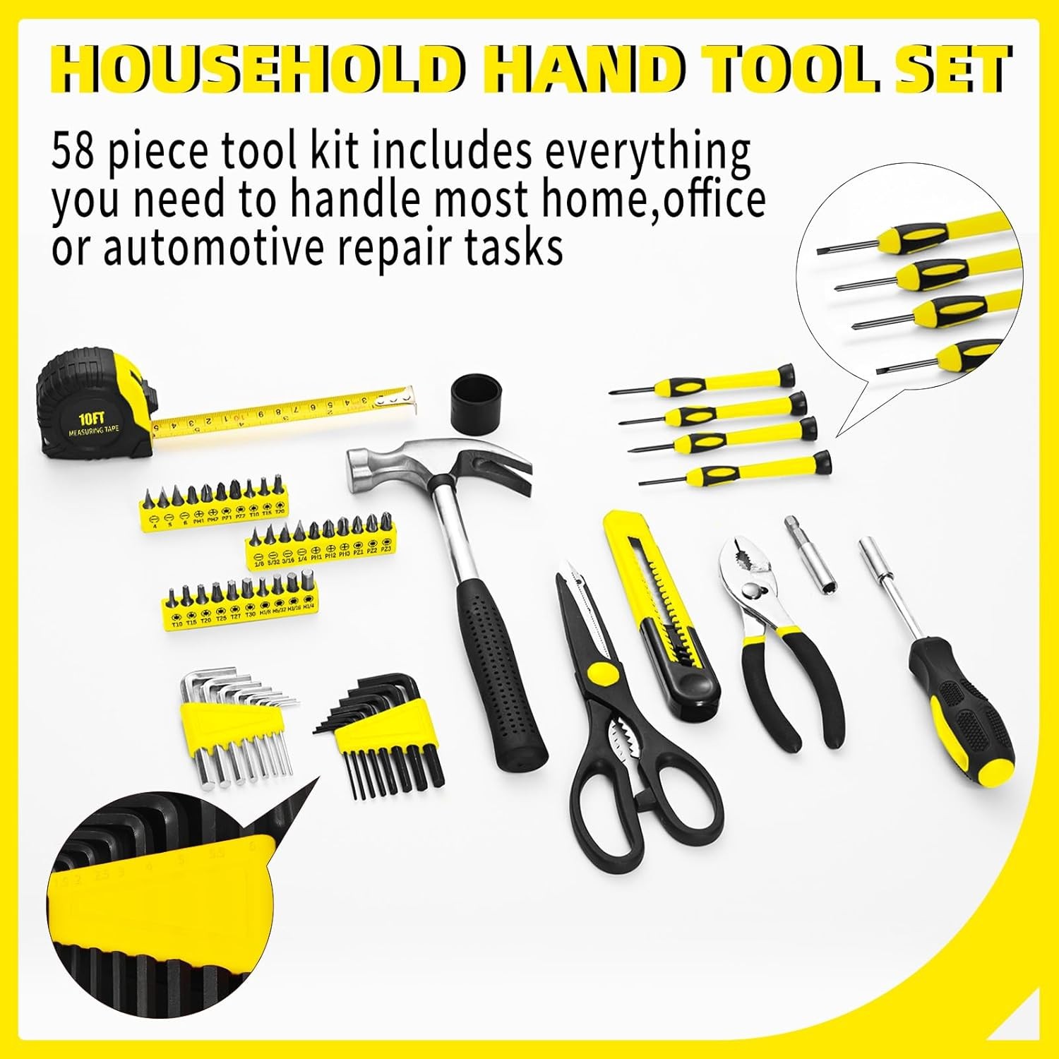 58-Piece Yellow Home Tool Kit Basic Hand Tools Mini Toolbox for Repairs