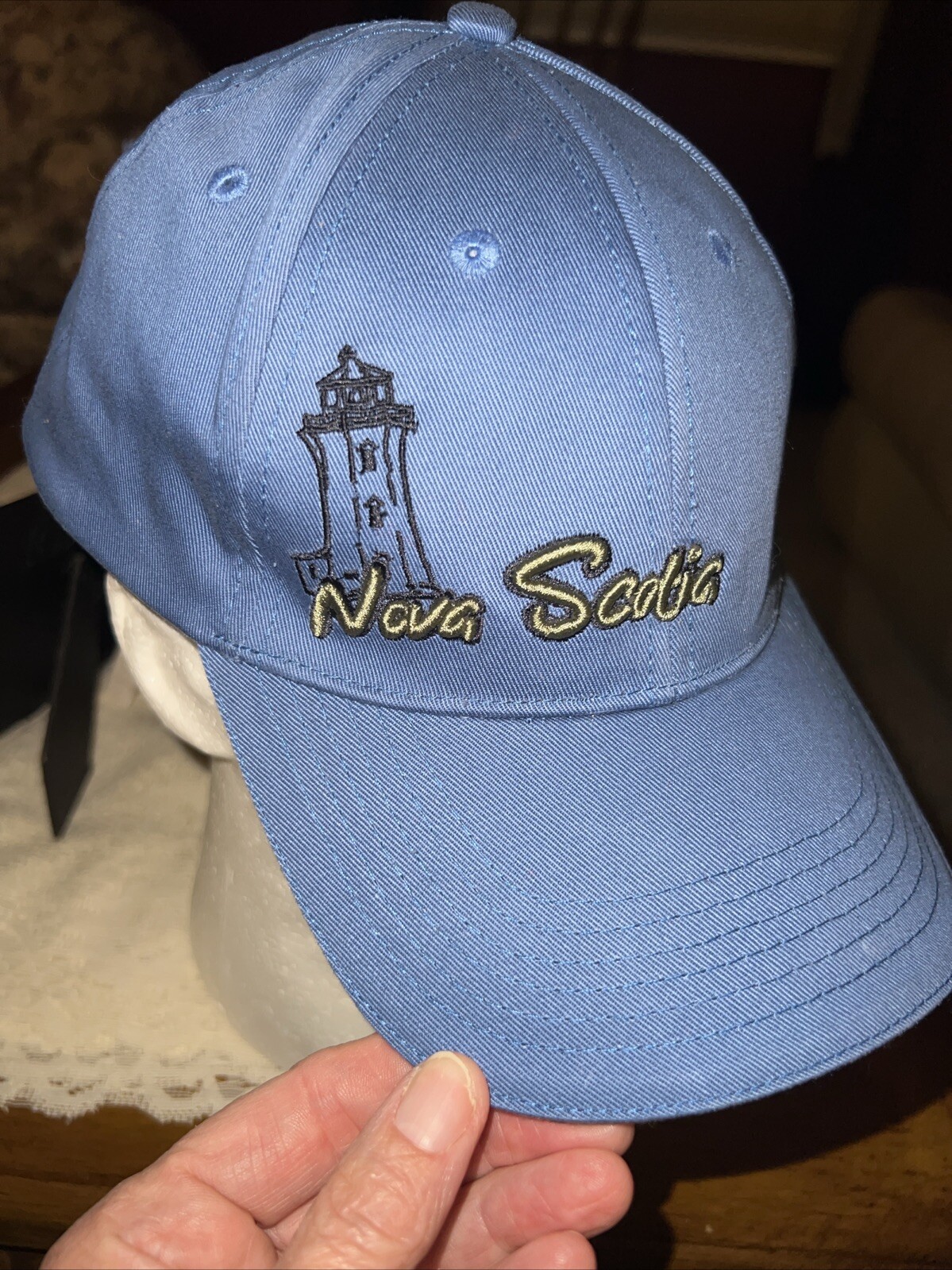 Nova Scotia Lighthouse Hat Cap Royal Blue w Gray Black Hook Loop Cotton EUC