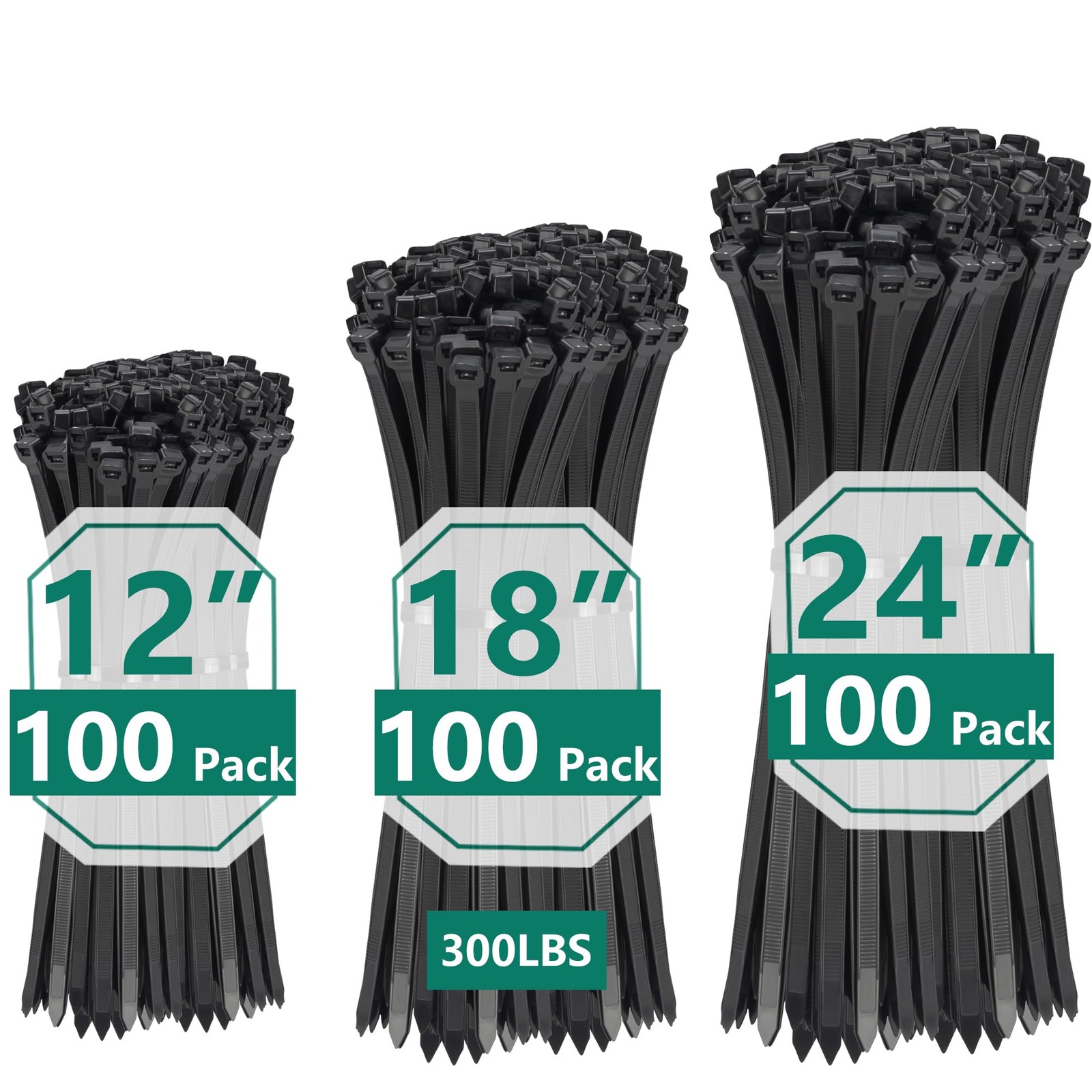 Zip Ties Assorted Sizes 300 Pack,12+14+18 Inch, 300LBS Tensile Strength Heavy...