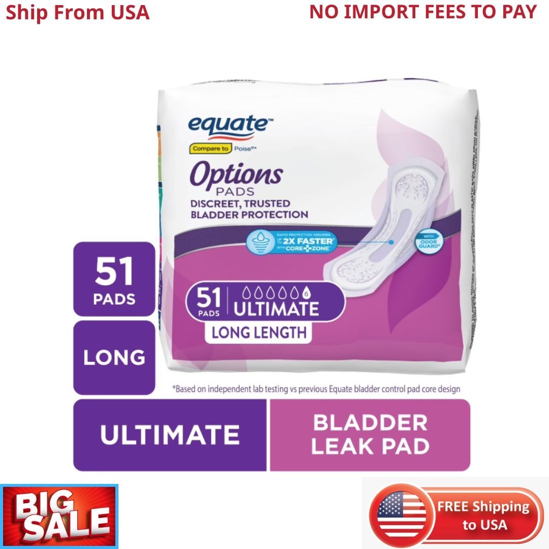 Equate Options Women’s Incontinence Pads Ultimate Absorbency, Long Length, 51 Ct