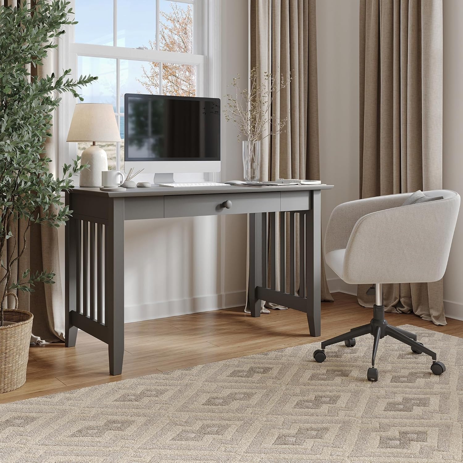 , Mission Solid Wood Writing Desk with Drawer, Grey