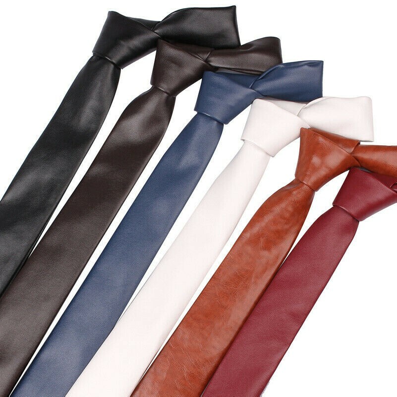 Men's PU Leather Skinny Necktie Neck Tie Plain Formal Wedding Prom Classic
