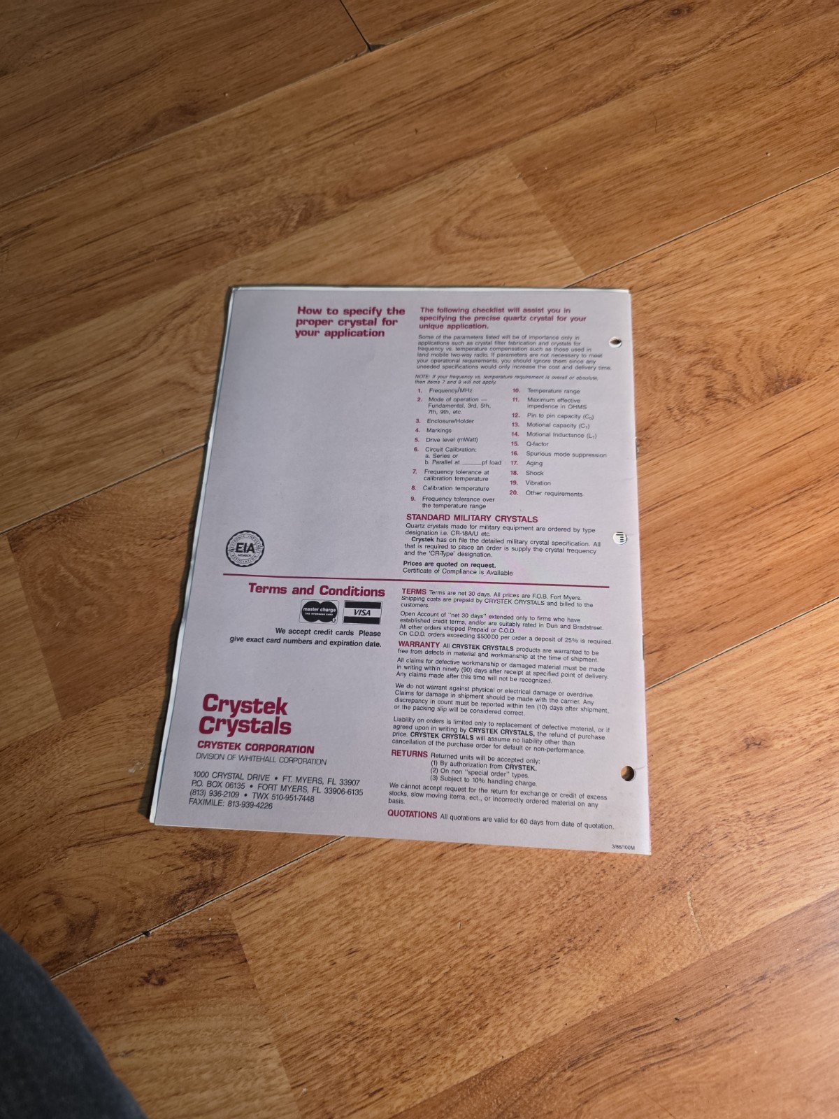 Crystek Custom Crystal Catalog - Whitehall Corp 1986