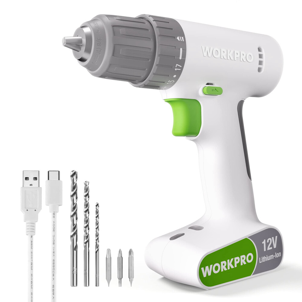 WORKPRO 12V Cordless Drill Driver 6PCS Bits Set 3/8-Inch Keyless Chuck 18 Touque