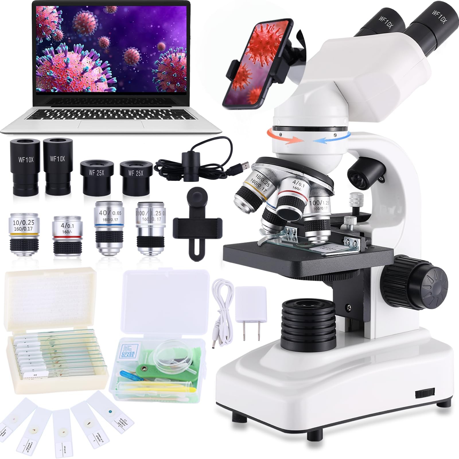 Best Compound Microscope40X-2500X WF10x and WF25x eyepieces, Dual LED Lighting
