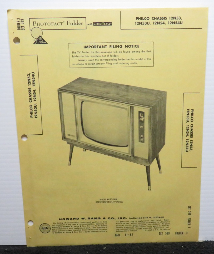 SAMS TELEVISION SERVICE MANUAL 589-3 PHILCO CHASSIS 12N53 12N53U 12N54 12N54U