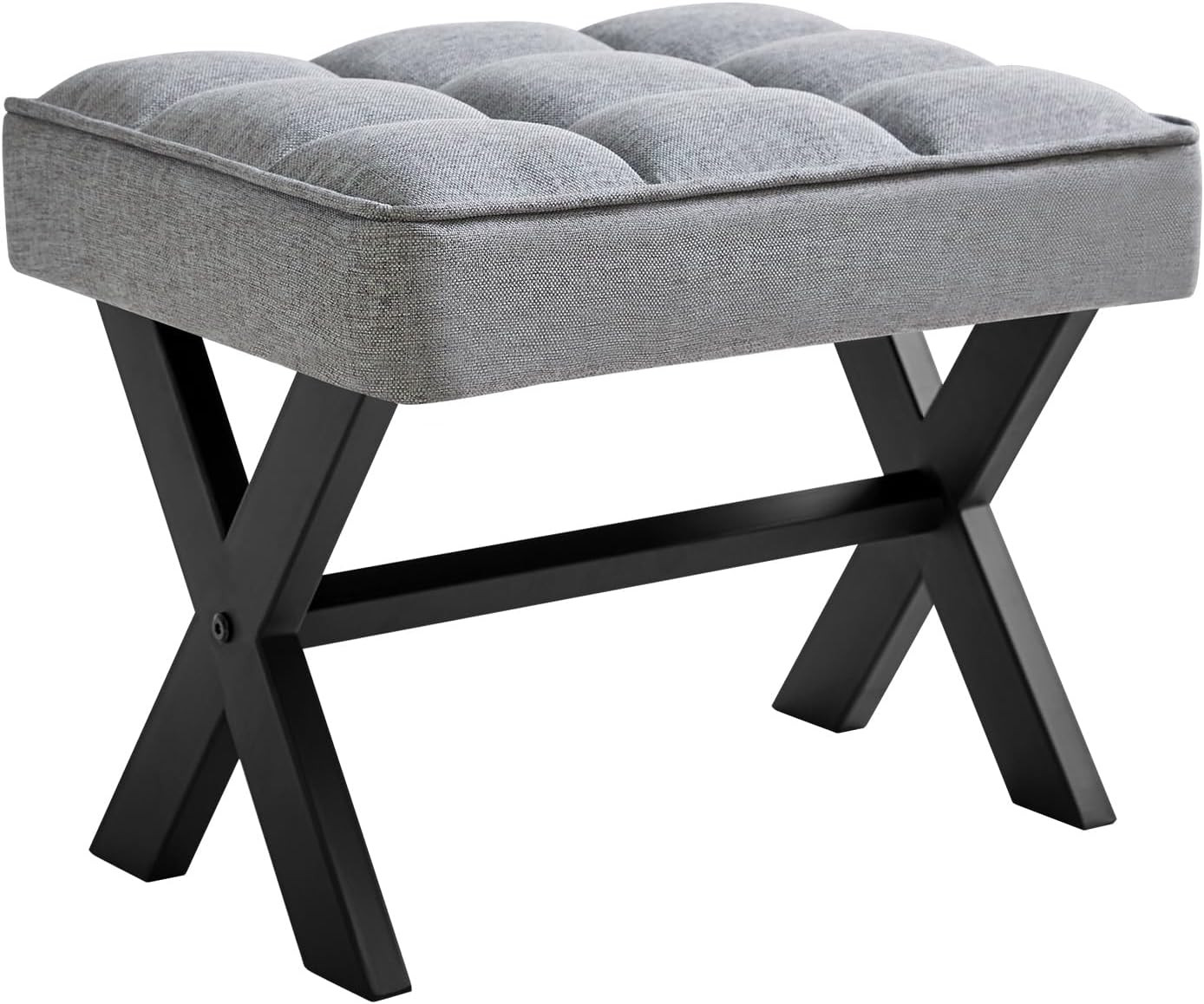 Small Square Linen Footrest Stool with Metal X Leg Side Table Blue Gray
