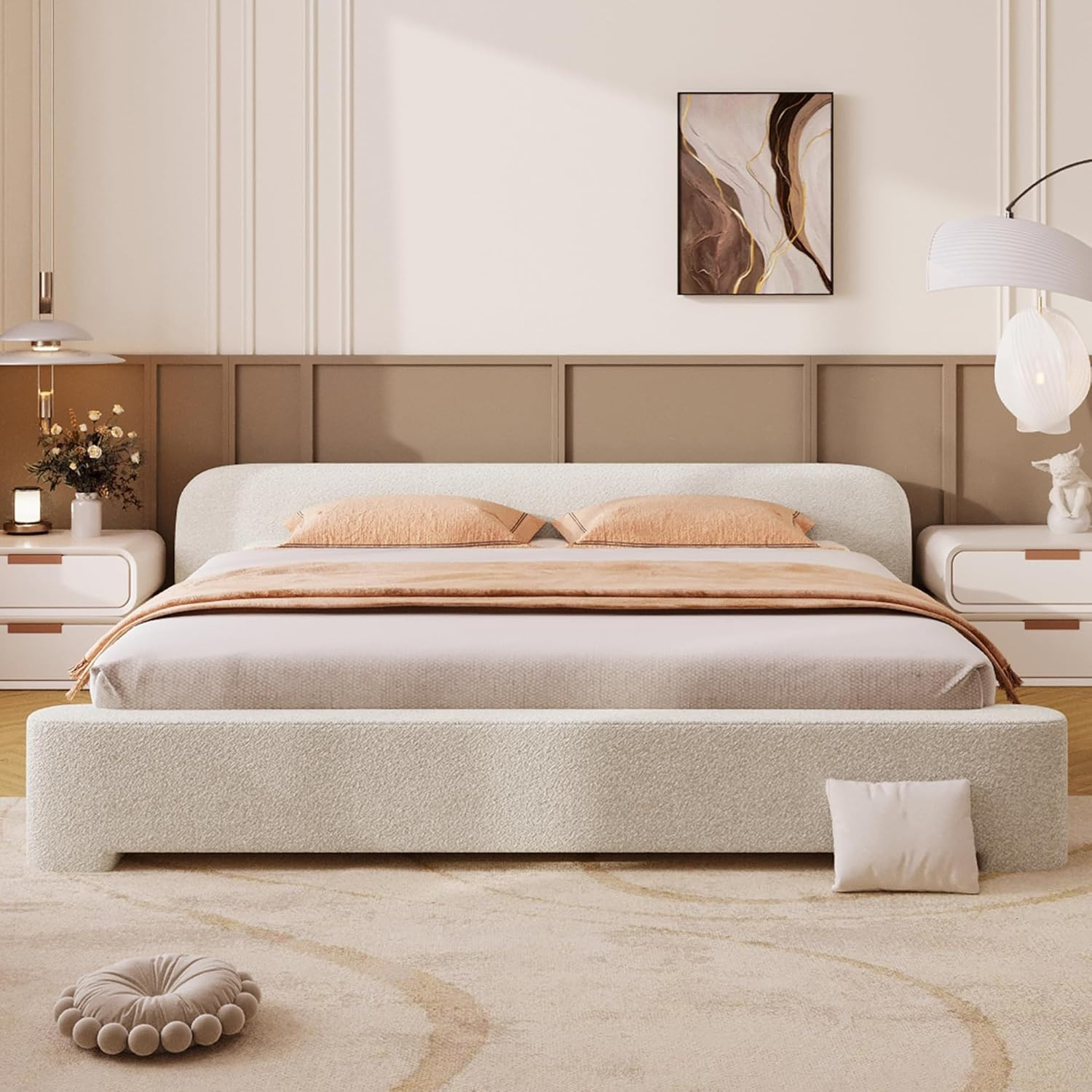 King Size Boucle Upholstered Bedframe - No Box Spring Needed, White