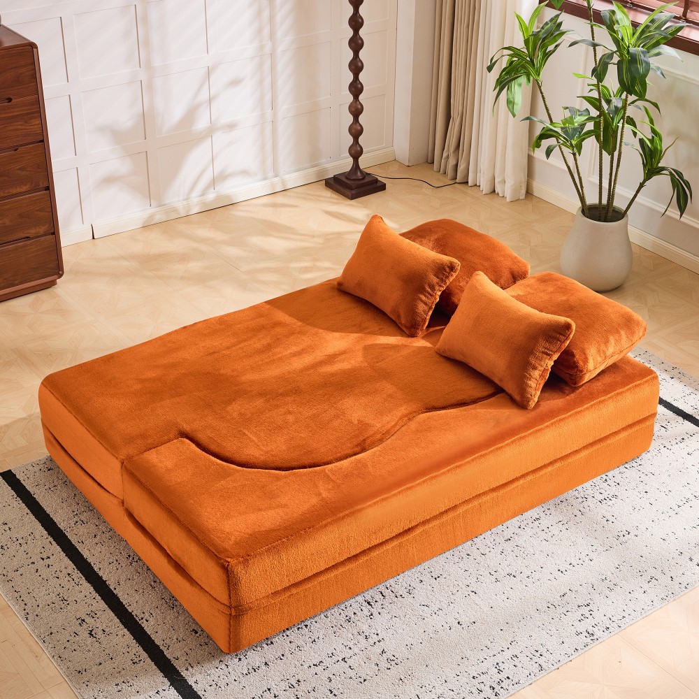 Folding Sofa Bed, Plush Orange Futon Mattress, High Density Foam