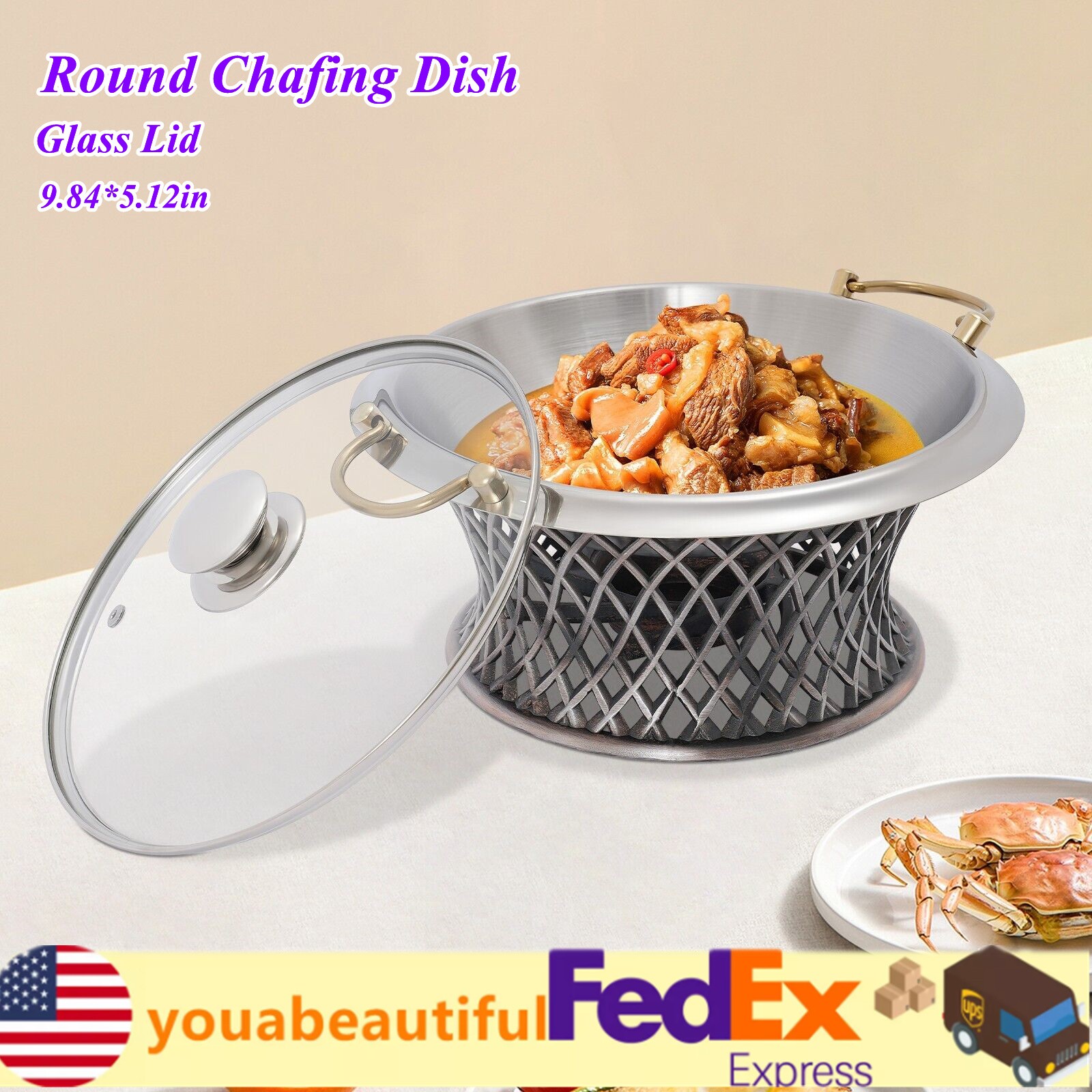 Buffet Chafing Dish Round Chafing Dish w/ Glass Lid & Holder Stainless Steel USA