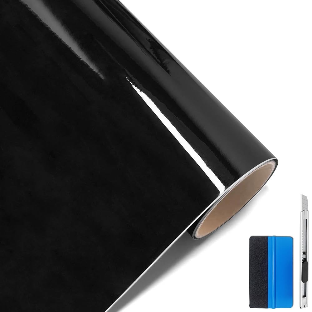 LZLRUN High Gloss Black Vinyl Wrap 12" x 60" Self Adhesive Air Release Bubble