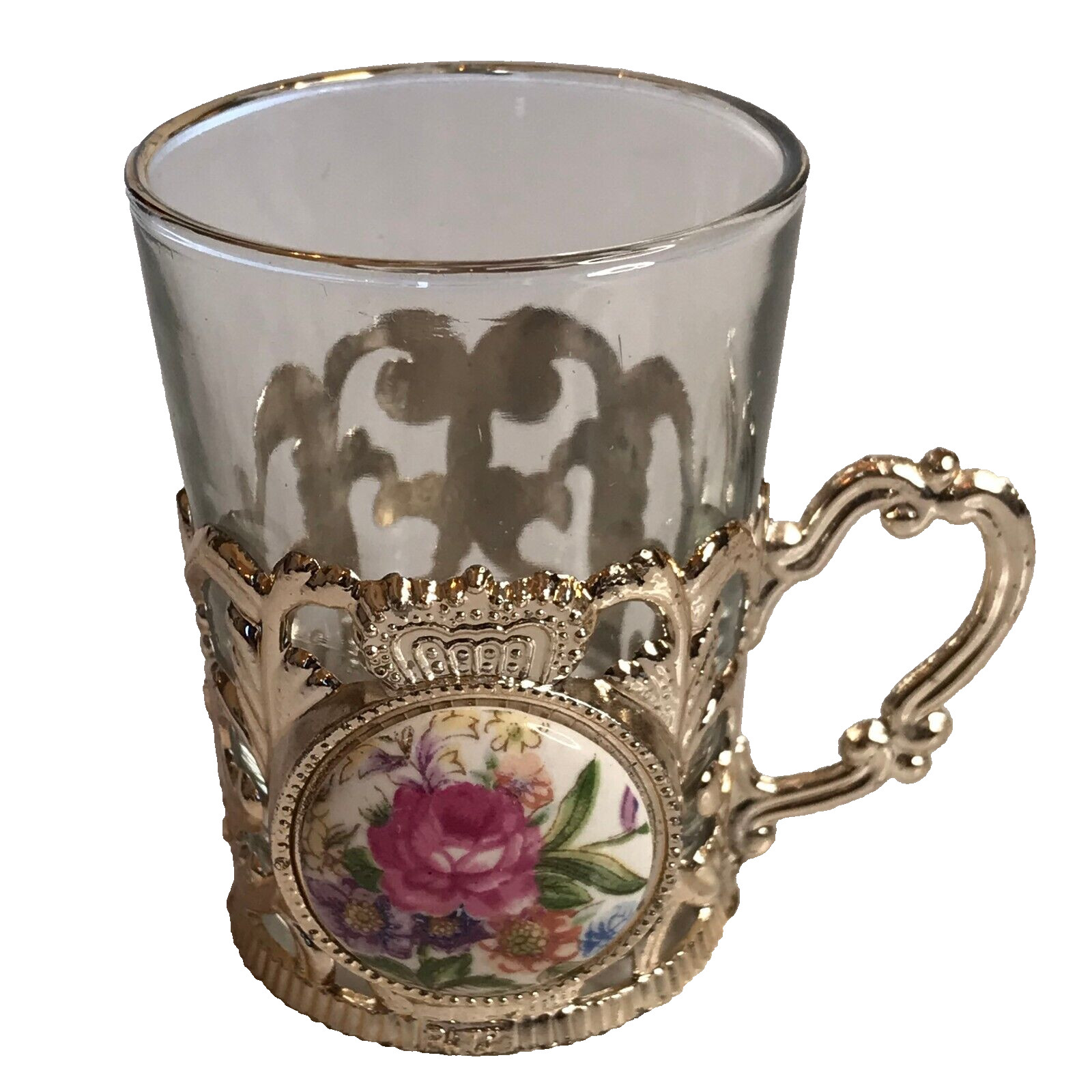 Vintage Shot Glass With Floral Metal Holder