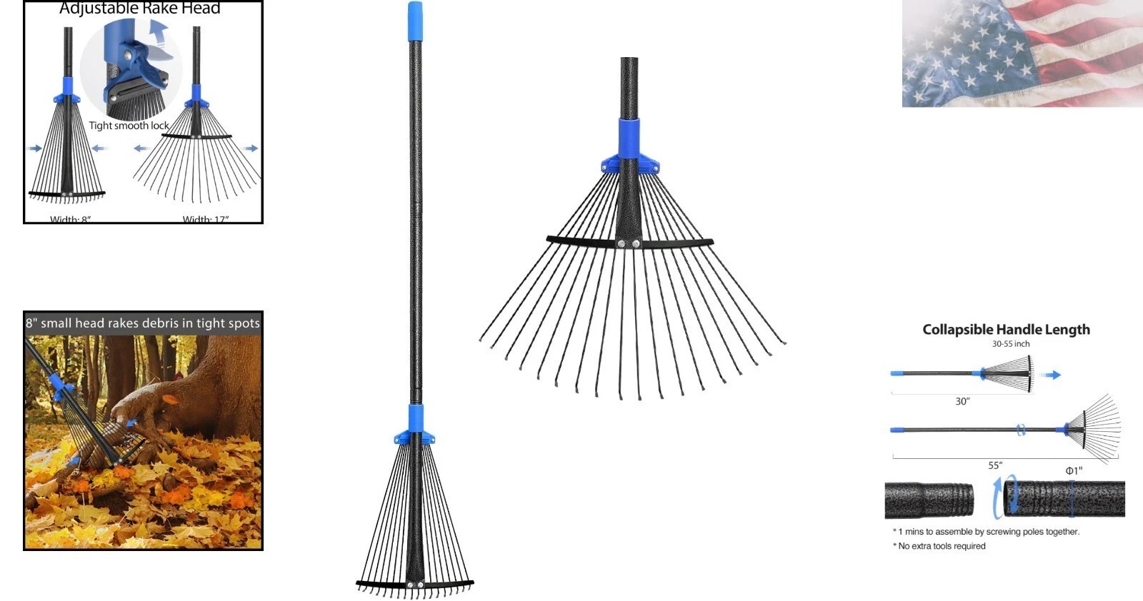 Versatile Garden Rake with Expandable Head - Comfortably Rakes Leaves Anywhere