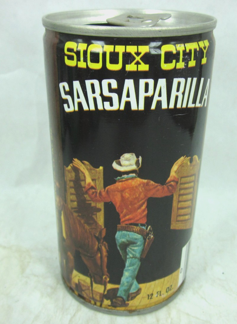 SIOUX CITY SARSAPARILLA cowboy horse saloon doors crimped steel soda pop can