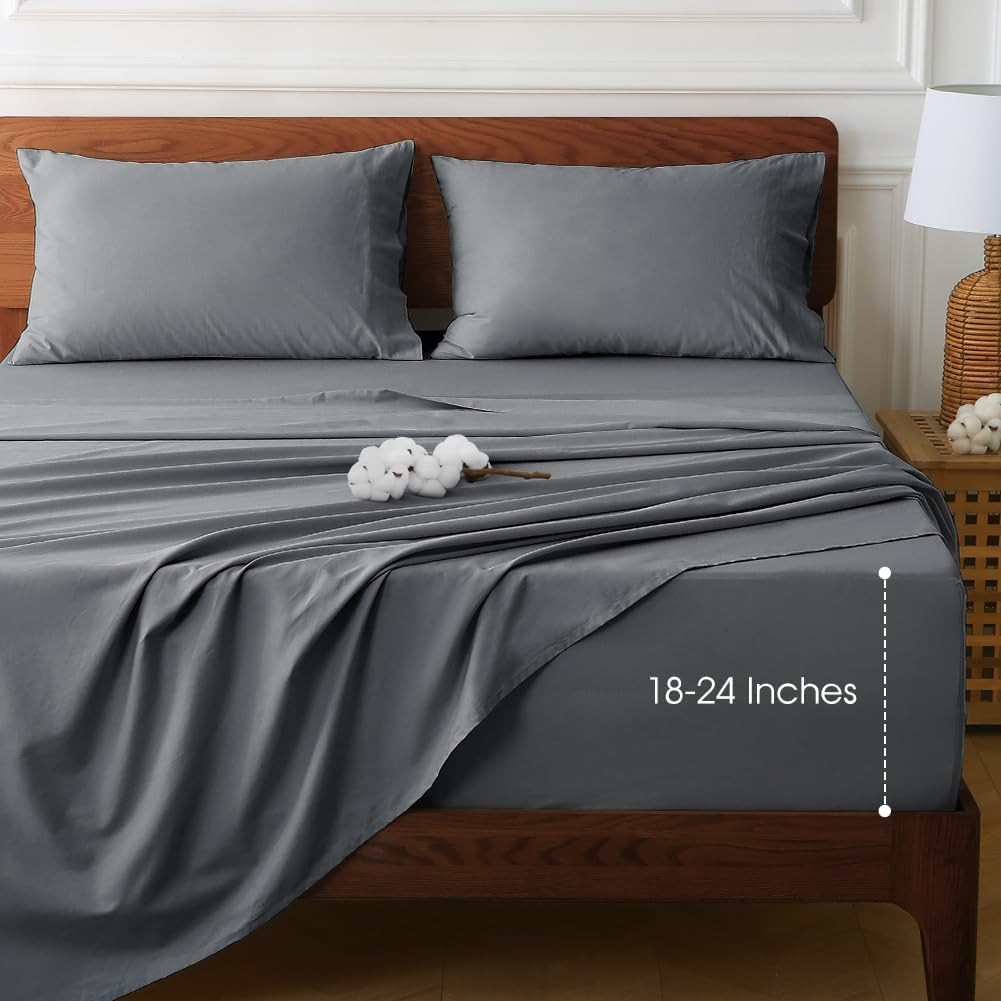 Luxury 100% Cotton Extra Deep Pocket Cal King Sheet Set - Grey, Cooling & Wrinkl