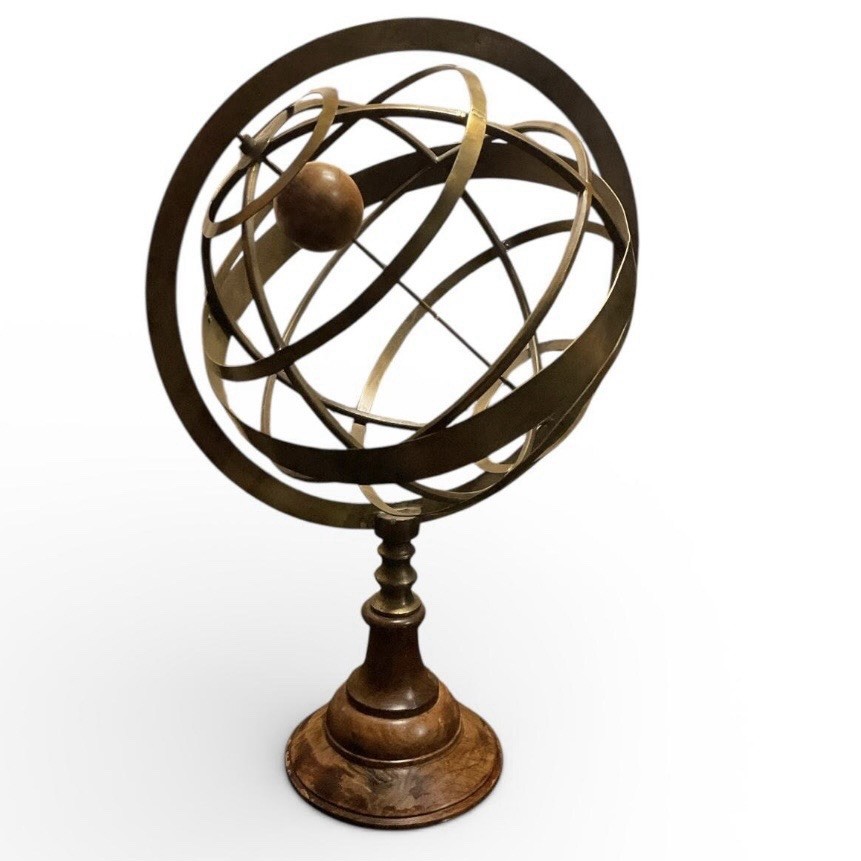 Large VTG Brass Wood Armillary Sphere Globe 20” Celestial Sculpture Library
